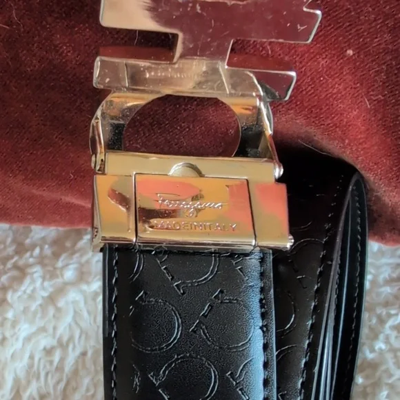 Salvatore Ferragamo Black Leather Belt with Gold Double Gancini Buckle